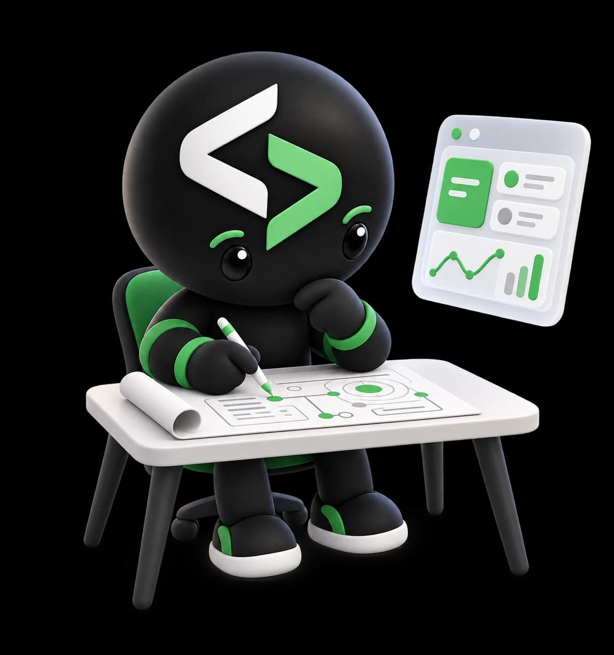 Inqodo mascot researching a new product beside a SaaS interface