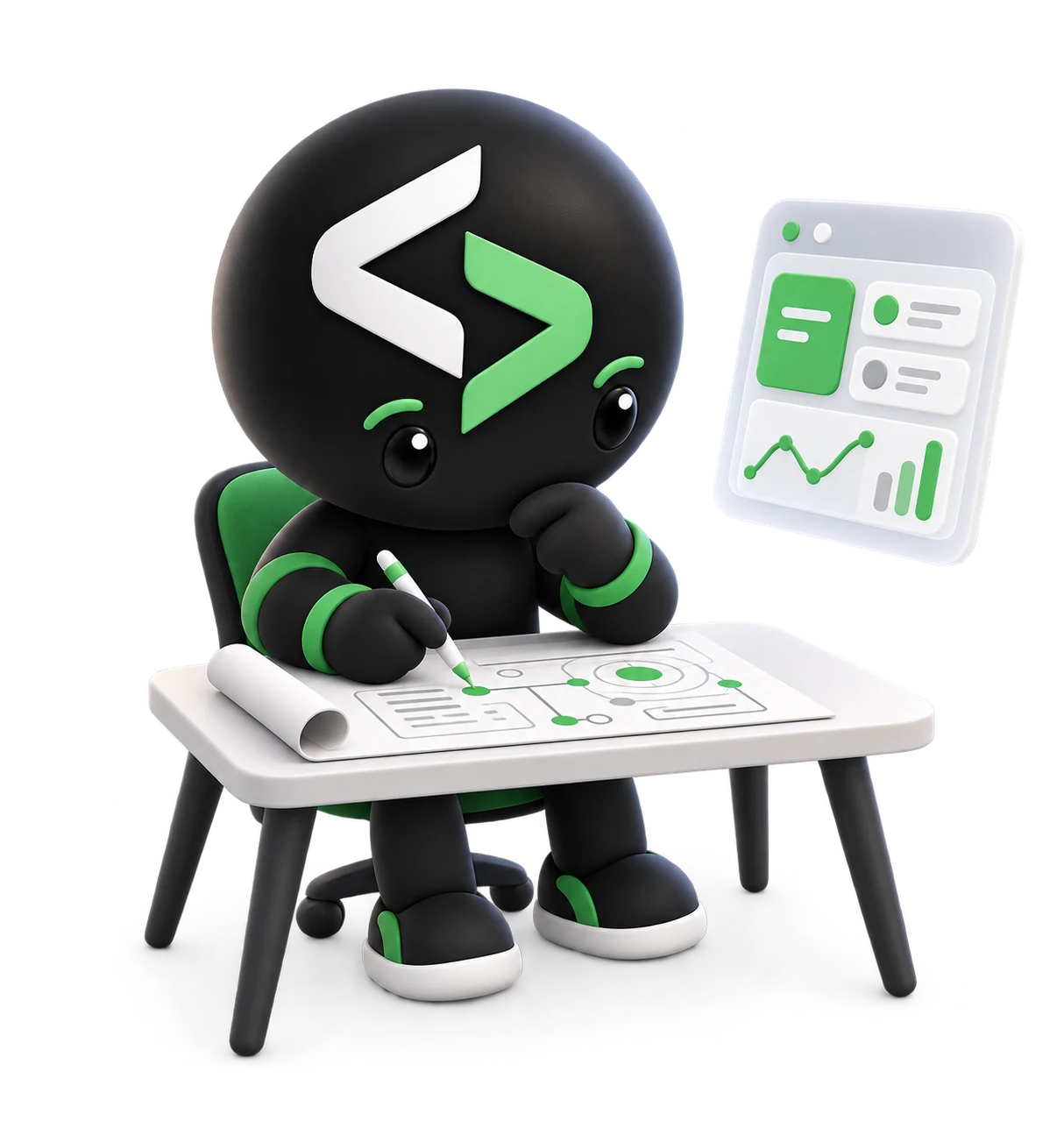Inqodo mascot researching a new product beside a SaaS interface